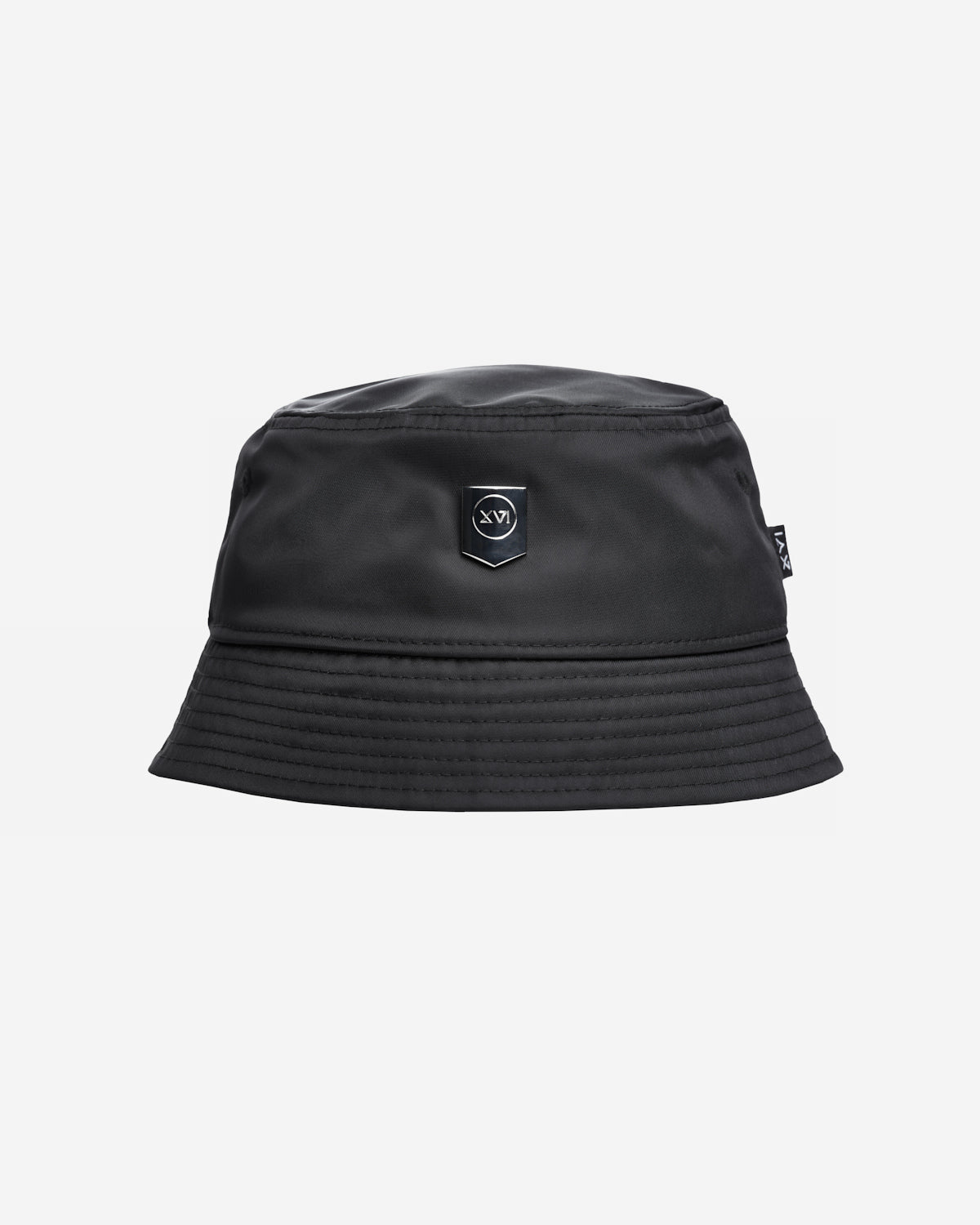 Black bucket hat with stitched brim and metallic XV1 shield logo on front