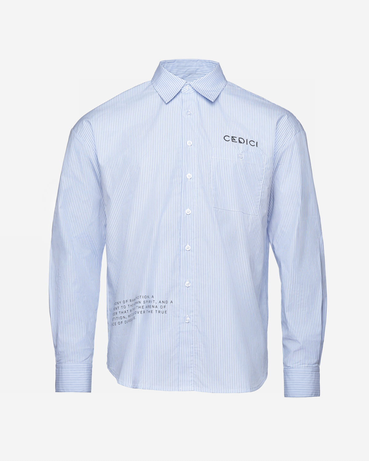 Front view of CEDICI men's striped blue poplin shirt with embroidered logo and quote detailing