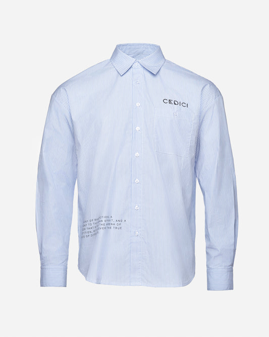 Front view of CEDICI men's striped blue poplin shirt with embroidered logo and quote detailing
